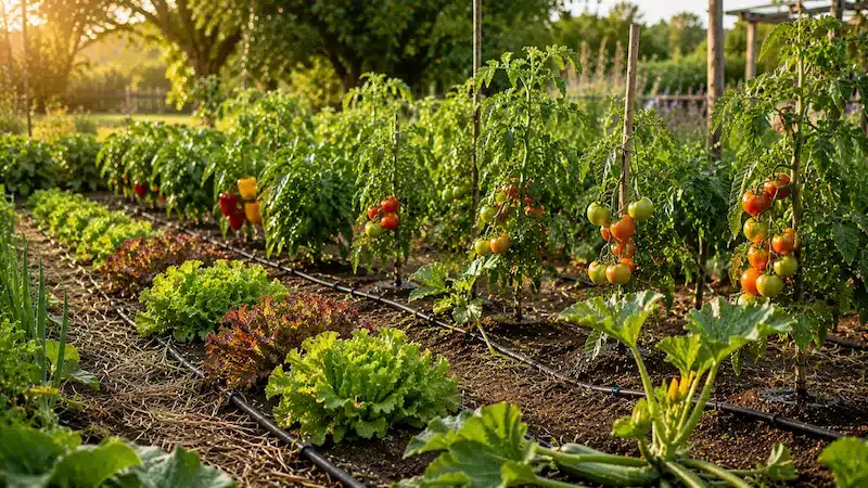 Jardin ensoleillé avec tomates et légumes Jardin ensoleillé avec tomates et légumes