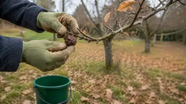 Éliminer les fruits momifiés pour prévenir la moniliose Retrait d’un fruit momifié atteint de moniliose