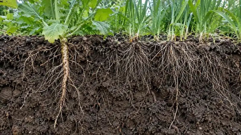 Racines d’engrais verts décompactant le sol en profondeur