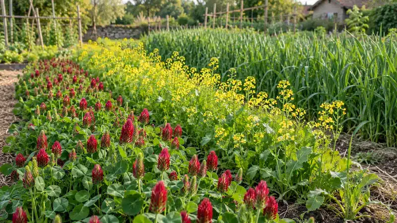 Trèfle incarnat, moutarde et seigle cultivés comme engrais verts