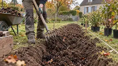 Préparation d’une tranchée avant la plantation d’une haie