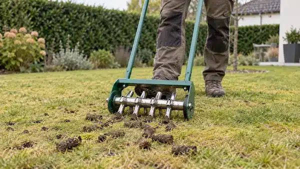 Aérer une pelouse jaunie pour décompacter le sol Aération mécanique d’une pelouse jaunie et compactée