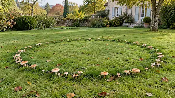 Rond de sorcière formé par des champignons dans une pelouse