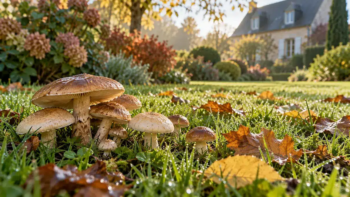 Champignons poussant dans une pelouse de jardin