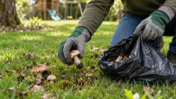 Ramassage de champignons du jardin avec des gants