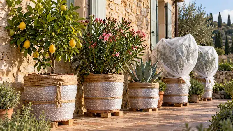 Agrumes et plantes méditerranéennes en pot protégés du gel